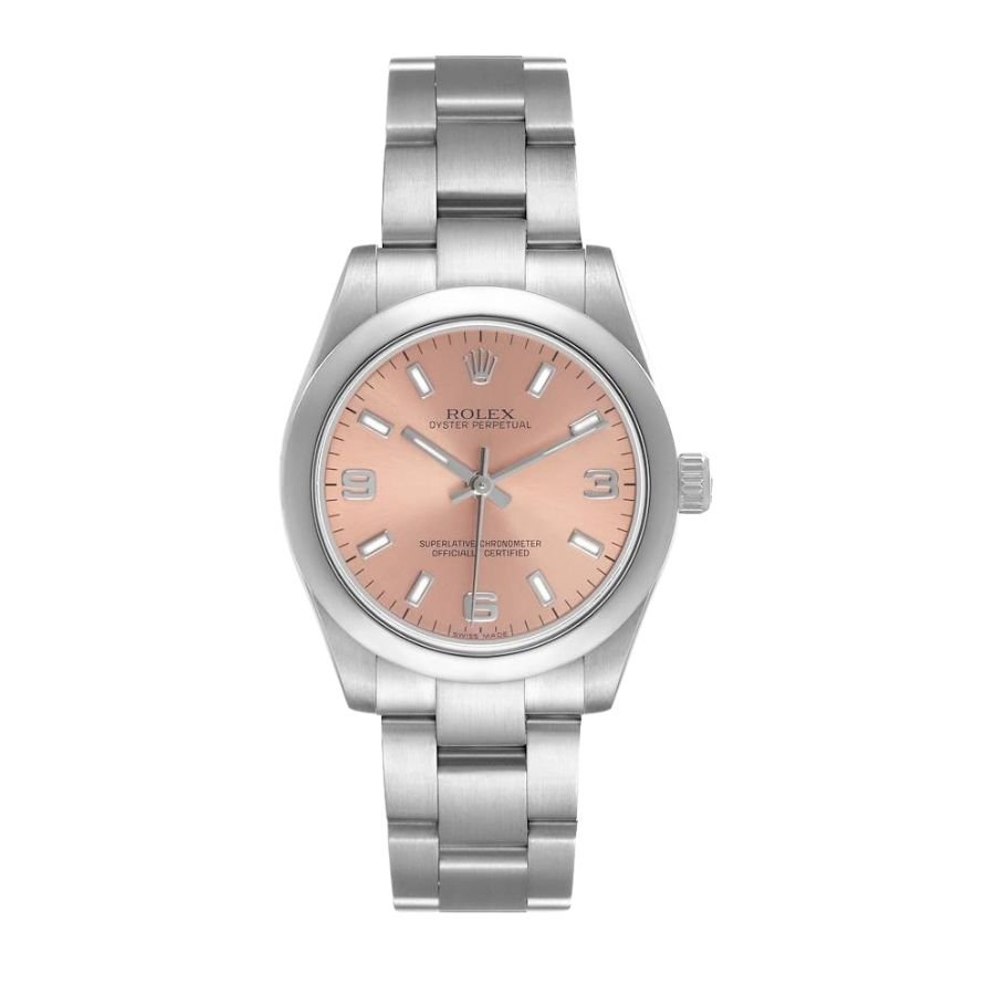 R 1 (21) Rolex Oyster Perpetual a sunburst "Pink" or "Salmon" dial styled with white gold Arabic 3, 6, and 9 numerals). - Image 1